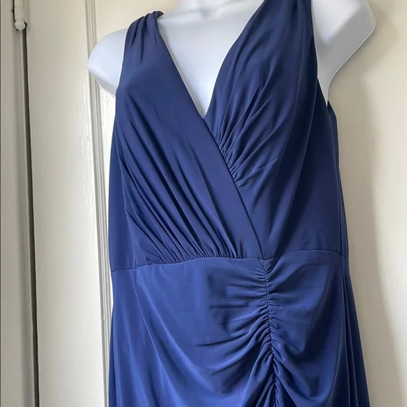 Navy Blue Ruched Crossover Draped Sleeveless Tummy Flattering Maxi Dress - Picture 4 of 5